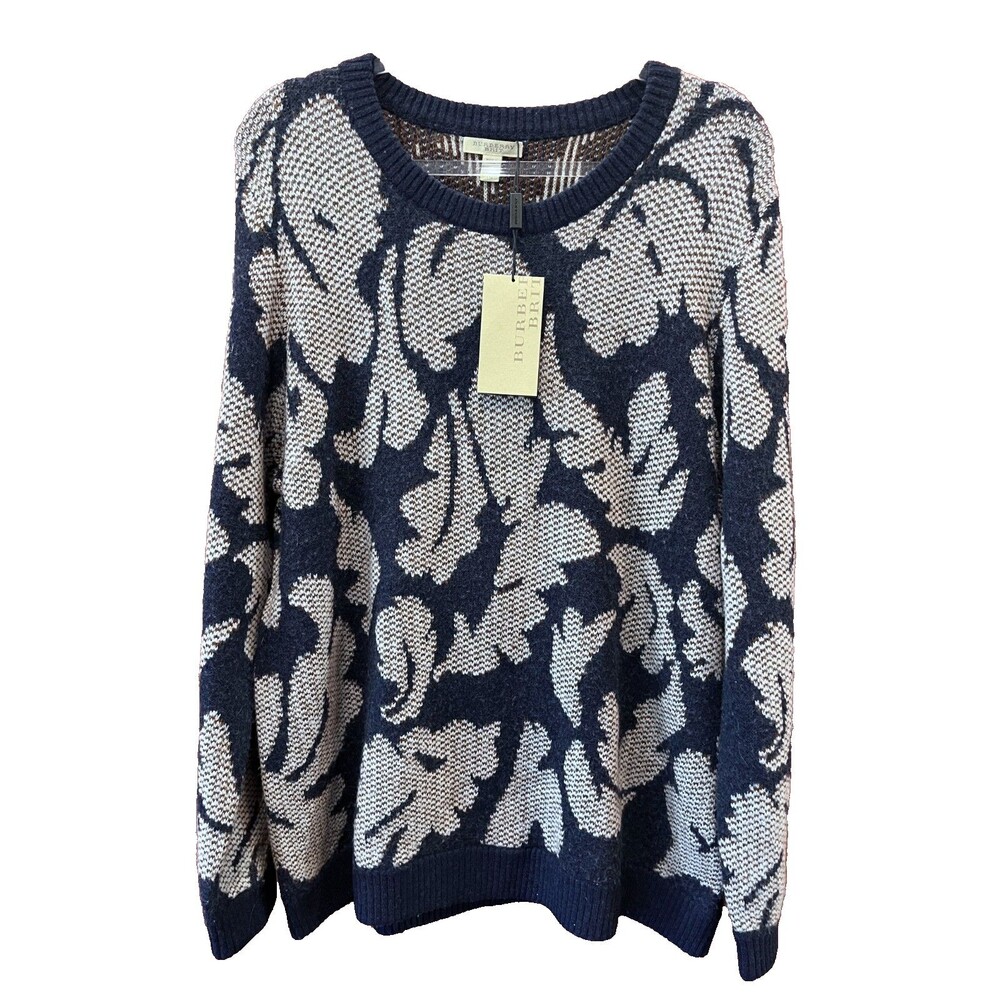 NWT Authentic Burberry Brit Womens Wool Alpaca Sweater Navy Leaf Size XL NEW